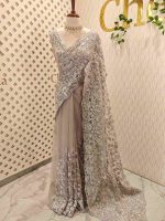 Net saree with stone, sequence floral and leafy jaal design - Image 6