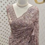 Net saree with stone, sequence floral and leafy jaal design