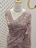 Net saree with stone, sequence floral and leafy jaal design