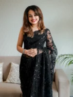 Net saree with sequence, beads floral jaal design and big paisely design