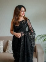 Net saree with sequence, beads floral jaal design and big paisely design - Image 2