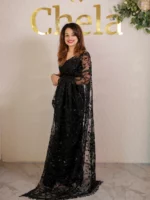 Net saree with sequence, beads floral jaal design and big paisely design - Image 3