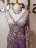 Net saree with beads, sequence floral and wavy lines design - Image 4