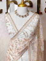Net saree with beads, sequence floral and wavy lines design - Image 2