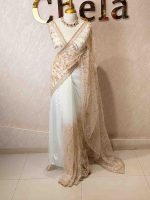 Net saree with beads, sequence floral and wavy lines design - Image 3