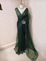 Net saree with cutbead floral design and sequence work on border - Image 4