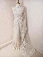 Organza with small floral work and pearl, thread embroidery scallop border - Image 18