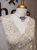Organza with small floral work and pearl, thread embroidery scallop border - Image 17