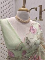 Organza with multi colour floral and leafy work and scallop border - Image 5