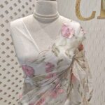 Organza with multi colour floral and leafy work and scallop border