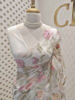 Organza with multi colour floral and leafy work and scallop border