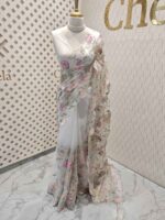 Organza with multi colour floral and leafy work and scallop border - Image 3