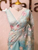 Organza with multi colour floral and leafy work and scallop border - Image 16