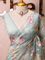 Organza with multi colour floral and leafy work and scallop border - Image 17