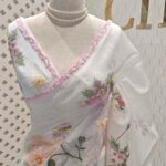 Organza with big laced floral, thread, pollen work and fur like lace on border