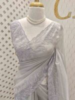 Tissue organza with mango shaped pearl embroidery design on border - Image 11