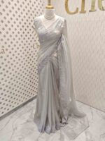 Tissue organza with mango shaped pearl embroidery design on border - Image 13