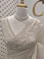 Tissue organza with mango shaped pearl embroidery design on border - Image 15