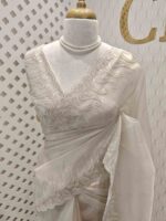 Tissue organza with mango shaped pearl embroidery design on border - Image 14