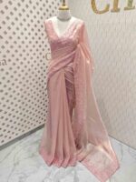 Tissue organza with mango shaped pearl embroidery design on border - Image 19