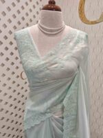 Tissue organza with mango shaped pearl embroidery design on border - Image 20