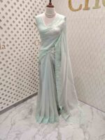 Tissue organza with mango shaped pearl embroidery design on border - Image 22