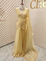 Tissue organza with mango shaped pearl embroidery design on border - Image 4