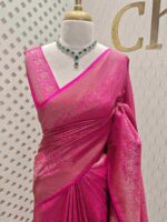 Soft katan with floral, veiny designs and zigzag pattern on border - Image 4