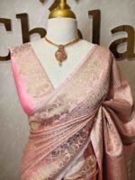 Banarasi with small floral jaal design and mango,floral plant buttas on border - Image 7