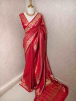 Banarasi with small floral jaal design and mango,floral plant buttas on border - Image 6