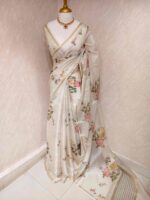 Chanderi with vertical stripes and floral prints - Image 4