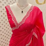 Crushed silk with small sequence floral and cut beaded leafy design on scallop border