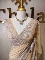 Georgette with tissue texture and colored thread, beads work on border - Image 19