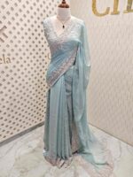 Georgette with tissue texture and colored thread, beads work on border - Image 18