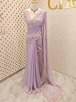 Georgette with tissue texture and colored thread, beads work on border - Image 12
