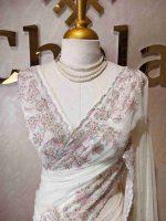 Georgette with tissue texture and colored thread, beads work on border - Image 22