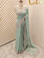 Georgette with tissue texture and colored thread, beads work on border - Image 9