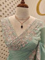 Georgette with tissue texture and colored thread, beads work on border - Image 7