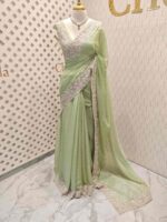 Georgette with tissue texture and colored thread, beads work on border - Image 3