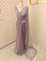 Net saree with sequence, stones small floral pattern and scallop border - Image 46