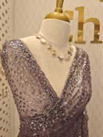 Net saree with sequence, stones small floral pattern and scallop border - Image 45