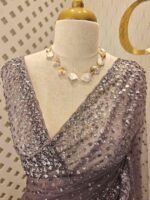 Net saree with sequence, stones small floral pattern and scallop border - Image 44