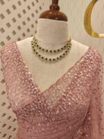 Net saree with sequence, stones small floral pattern and scallop border - Image 47