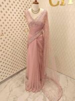 Net saree with sequence, stones small floral pattern and scallop border - Image 49