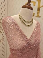 Net saree with sequence, stones small floral pattern and scallop border - Image 48