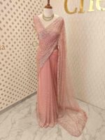 Net saree with sequence, stones small floral pattern and scallop border - Image 58