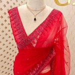 Net saree with leafy sequenced and beads work on border