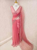 Net saree with intricate floral embroidery along the border - Image 13