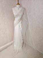 Net saree with intricate floral embroidery along the border - Image 4