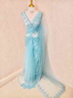 Net saree with intricate floral and vine embroidery along the border - Image 13